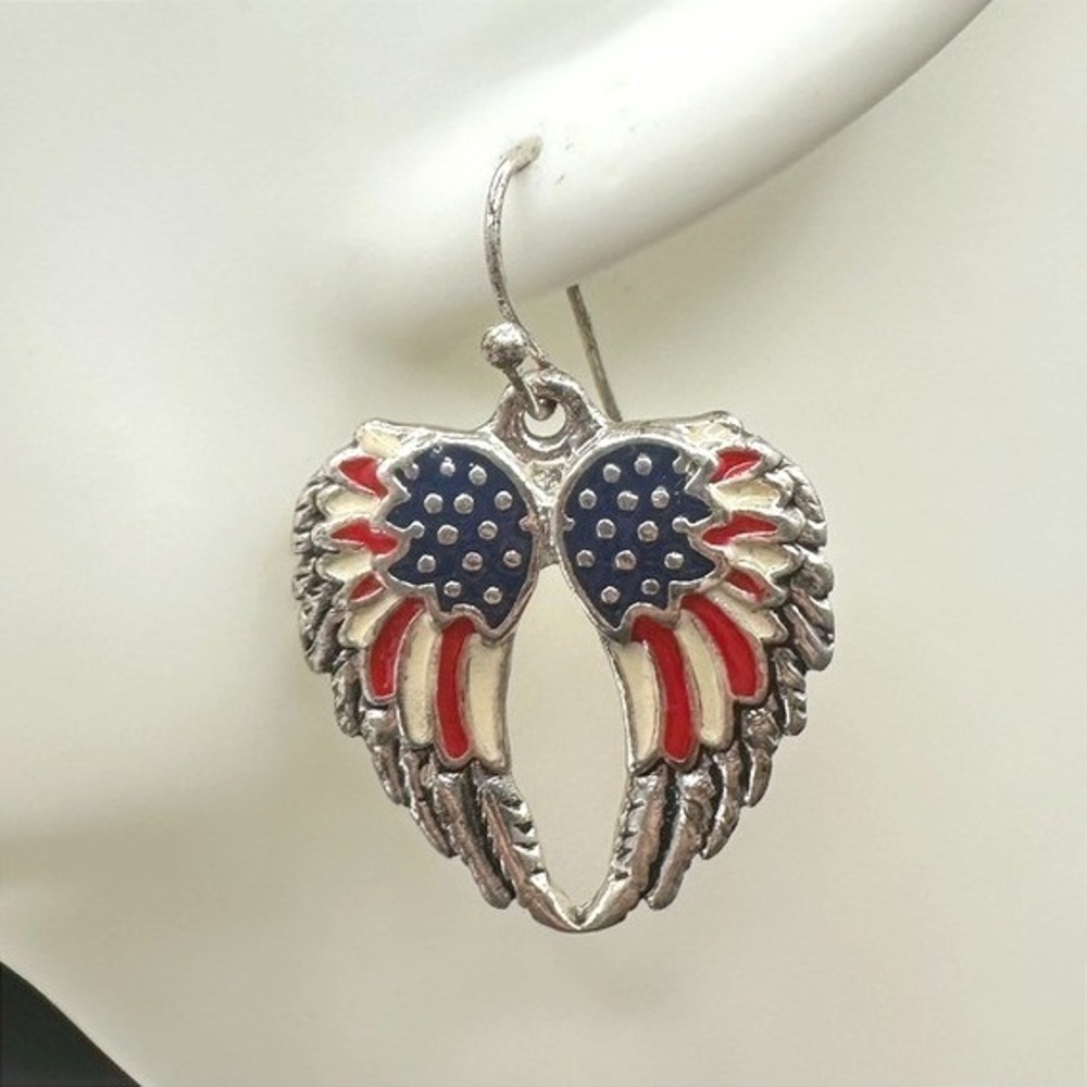 Vintage 90s Angel Wings Patriotic Dangle Enamel Earrings Women's Classic Jewelry